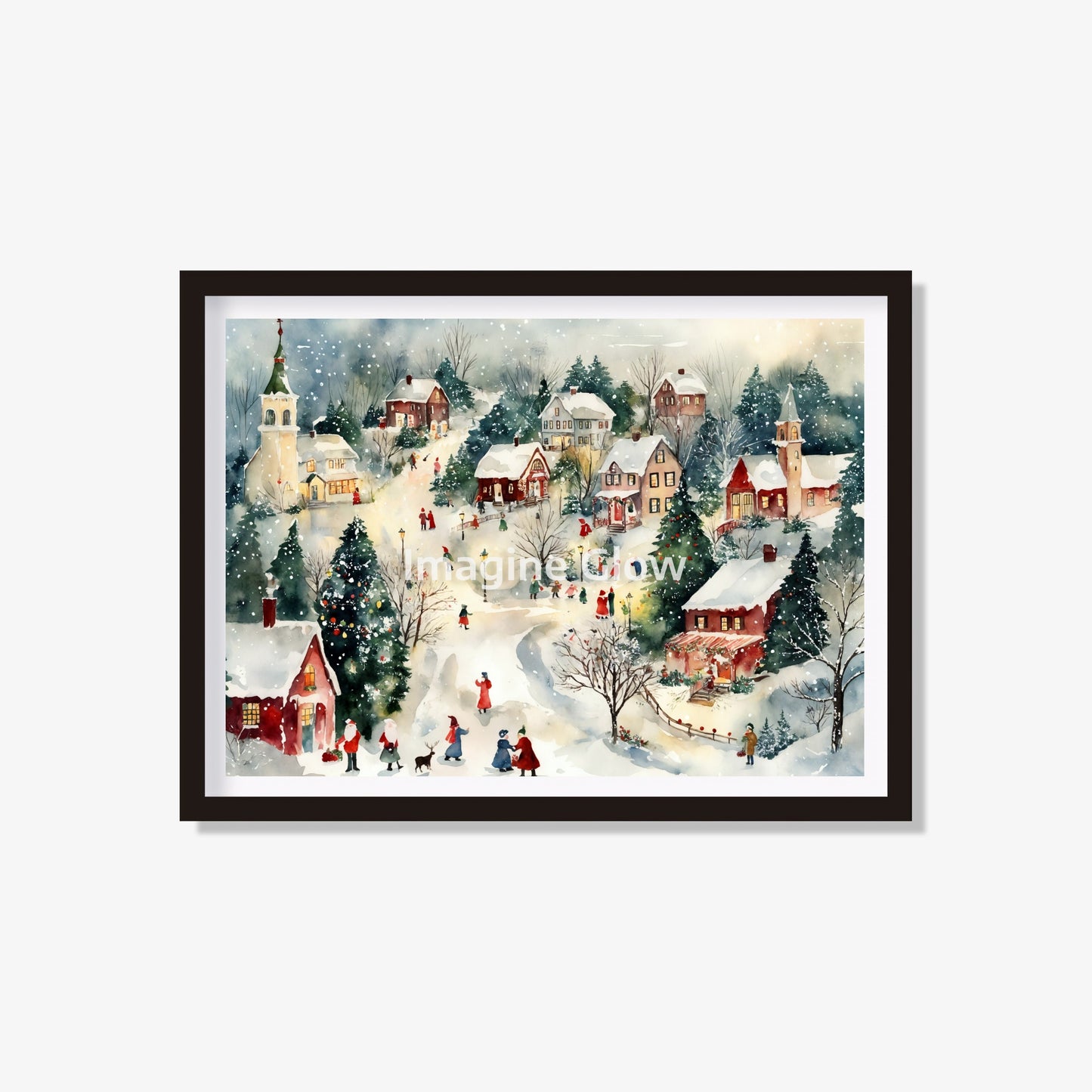 Printable Christmas village scene with snow and festive lights for wall decor