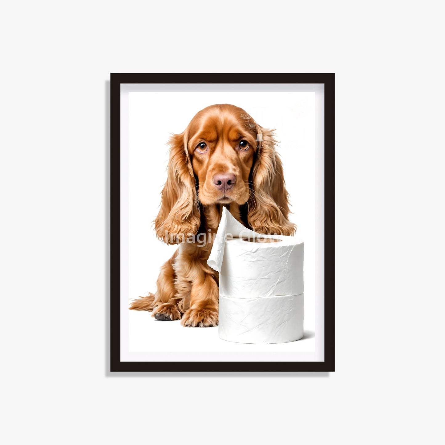 Funny bathroom wall decor featuring a Cocker Spaniel dog in the toilet