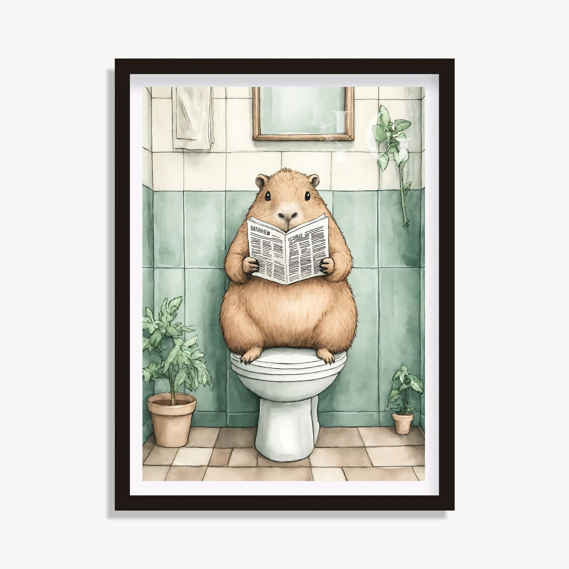 Printable bathroom wall art of Capybaras reading in a toilet for a humorous decor.