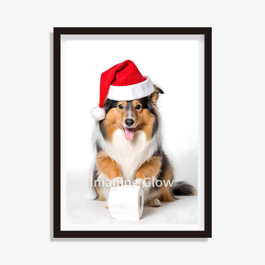 Collie Dog in toilet Christmas printable art for funny bathroom decor.