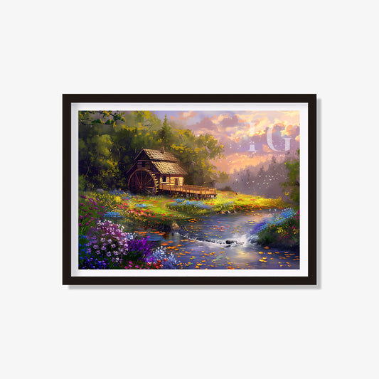 Serene watermill art for cozy, nature-inspired decor