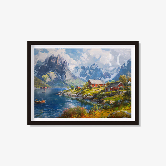 Printable art of Lofoten lakeside village for cottage decor