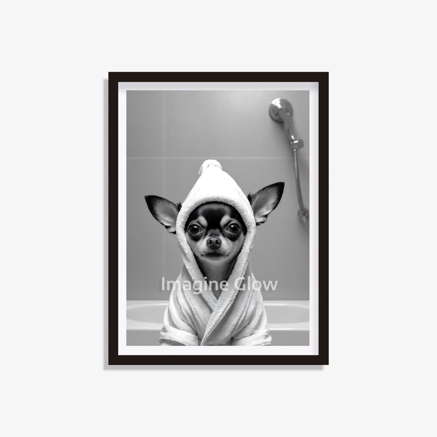 Printable wall art of a Chihuahua dog in a bathrobe for bathroom decor