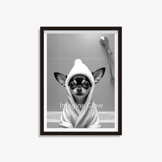 Printable wall art of a Chihuahua dog in a bathrobe for bathroom decor