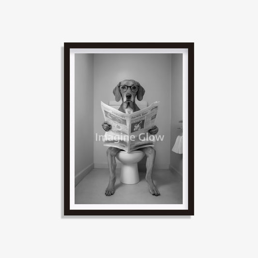 Dog reading newspaper in toilet printable featuring a humorous scene