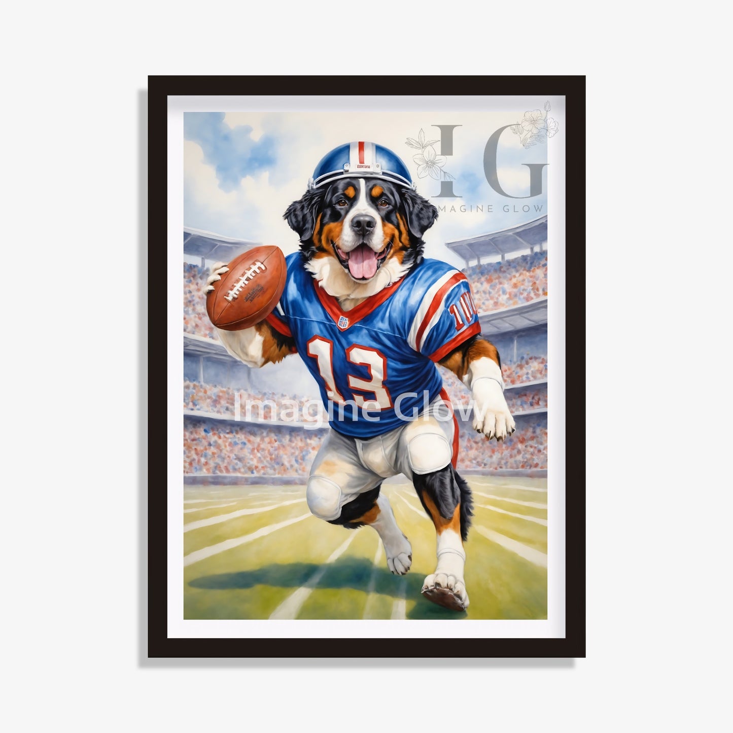 Printable football art featuring a Bernese Mountain Dog in a humorous sports scene.