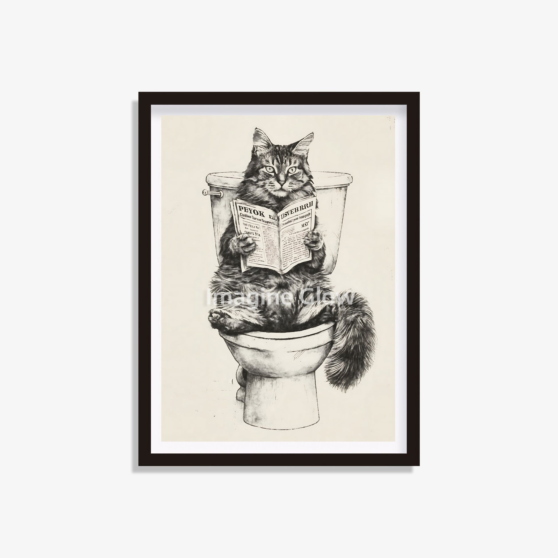 Funny Cat reading newspaper in toilet wall art for bathroom decor.