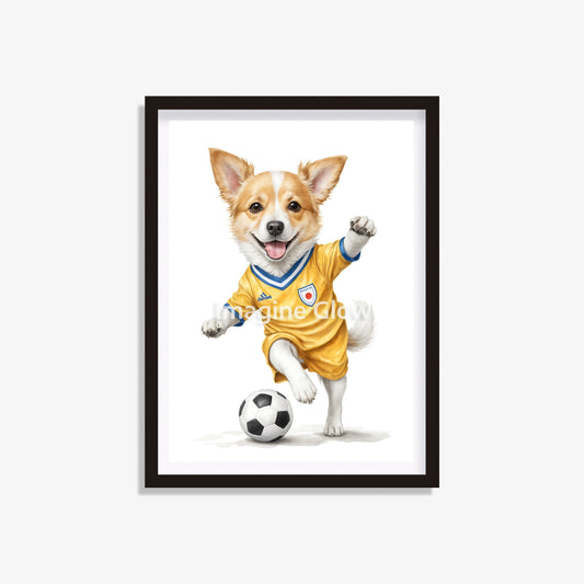 Humorous illustration of dogs in soccer gear