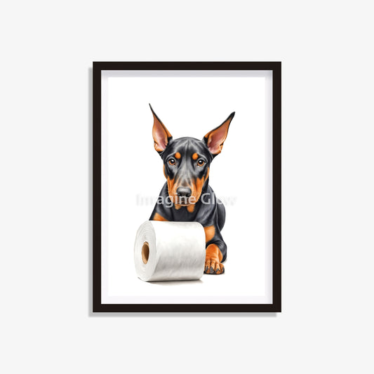 Doberman Pinscher dog in toilet printable featuring a humorous illustration