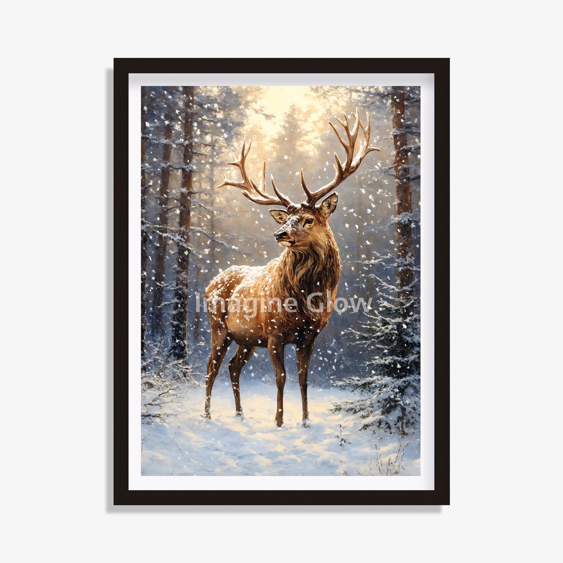 Peaceful reindeer in a snow-covered forest for holiday decoration