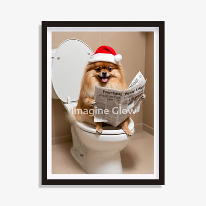 Christmas Bathroom Art featuring a Pomeranian in a toilet.