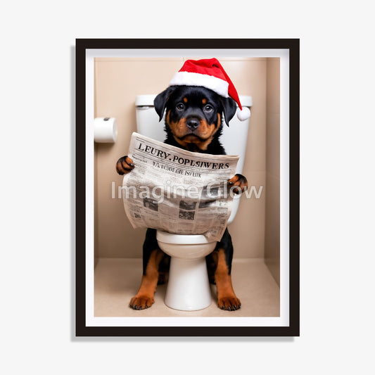 Christmas bathroom printable with a Rottweiler in a toilet.