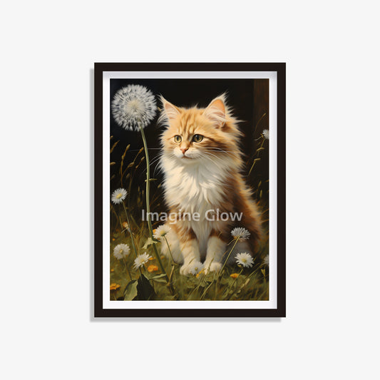 Cat and dandelion illustration, perfect for adding a whimsical and sophisticated touch to your home.