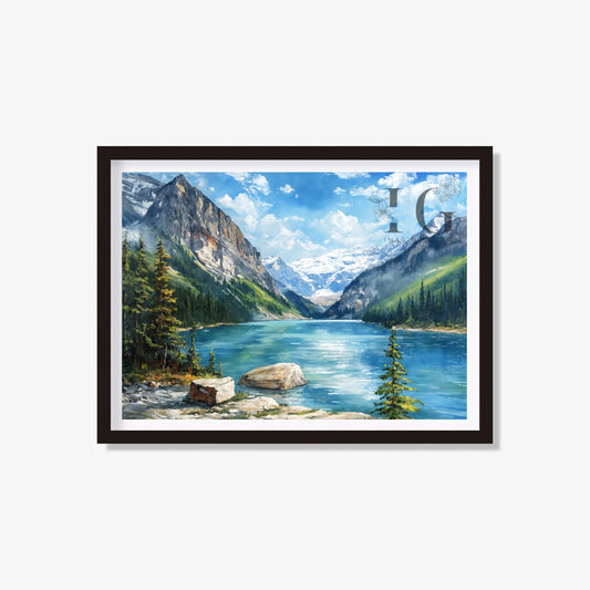 Printable art print featuring a beautiful mountain village scene.