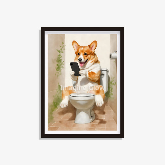 Welsh Corgi dog in toilet printable with a humorous design