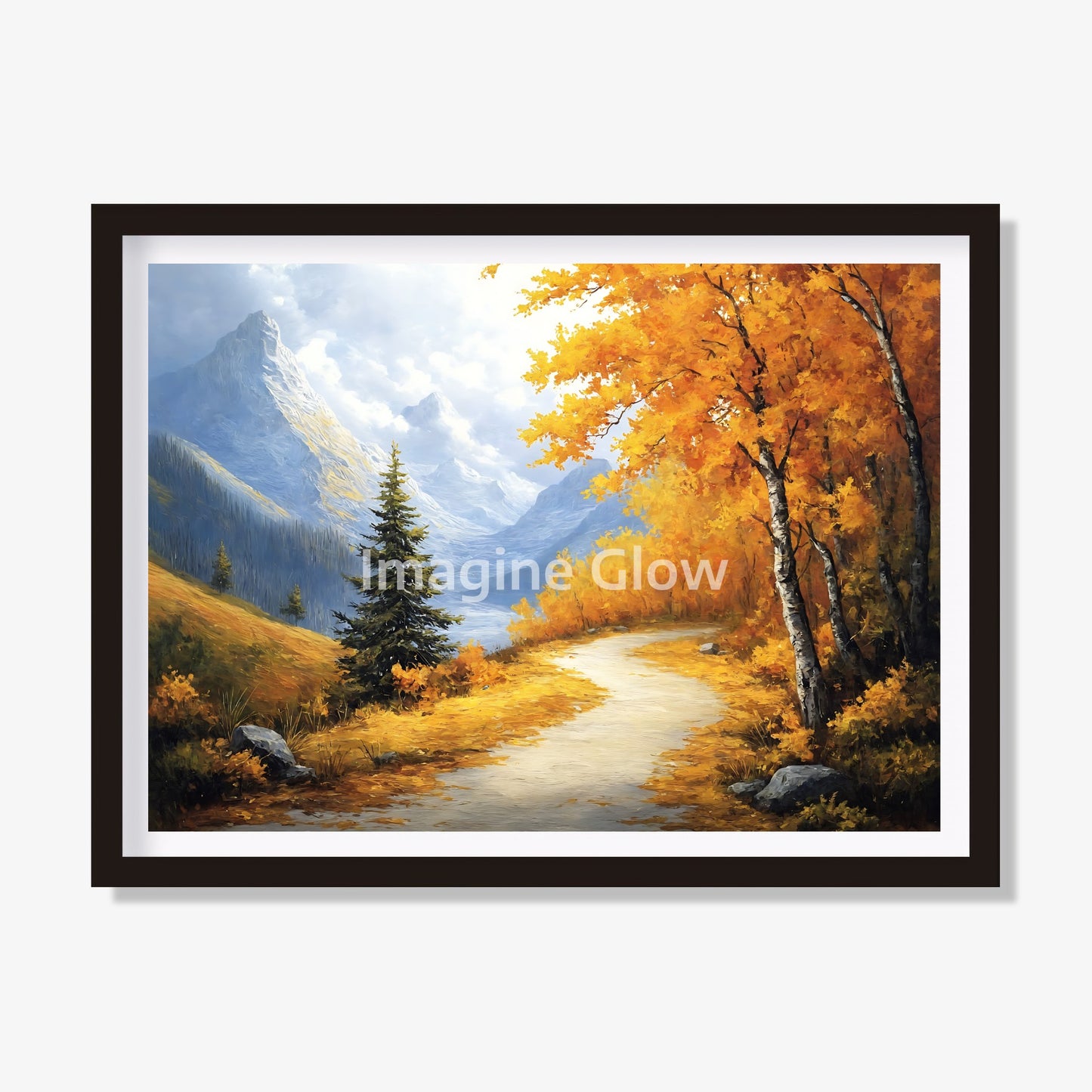 Vibrant autumn mountain landscape art print for cozy interiors