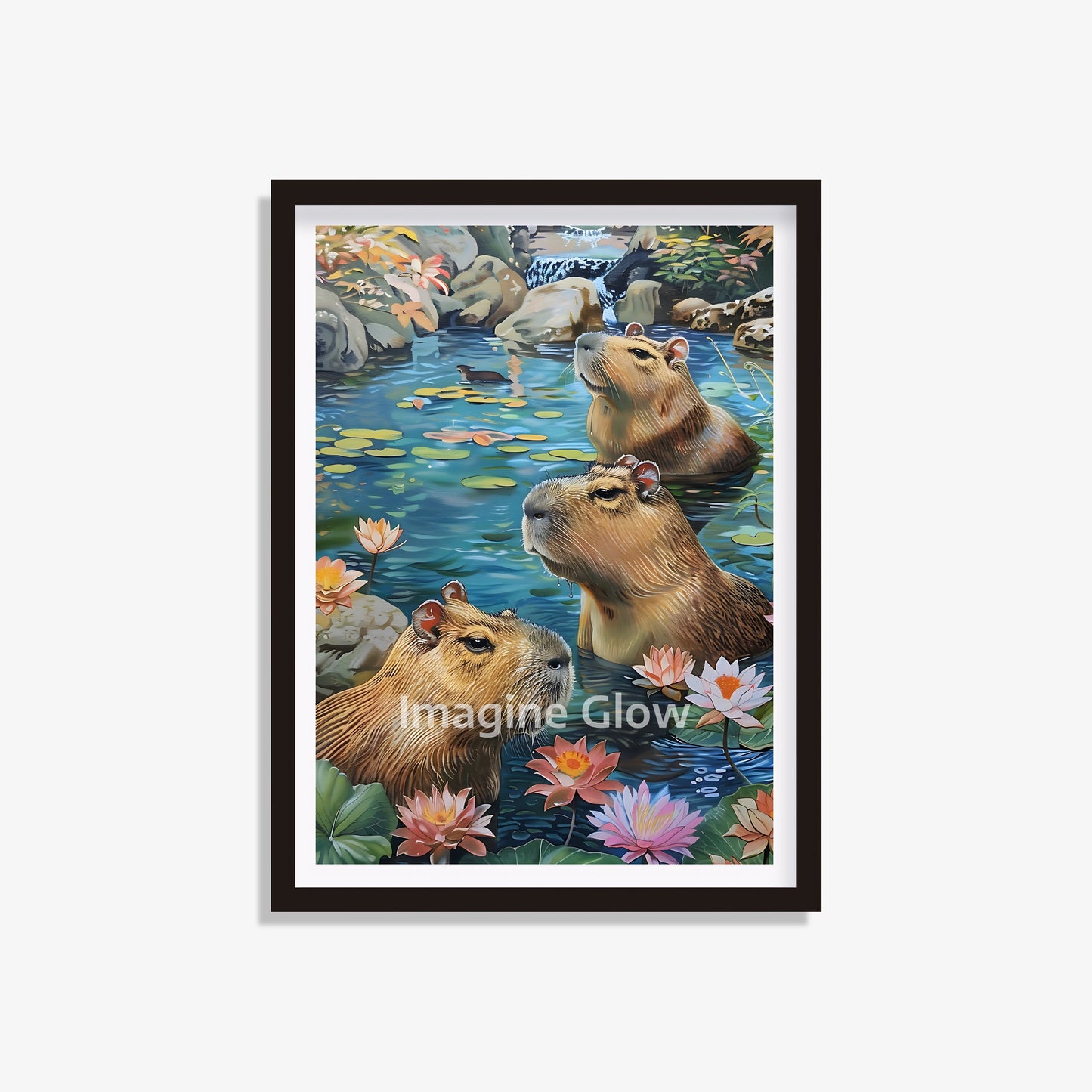 Printable Japanese bathroom wall art featuring Capybaras in an onsen for a serene decor.