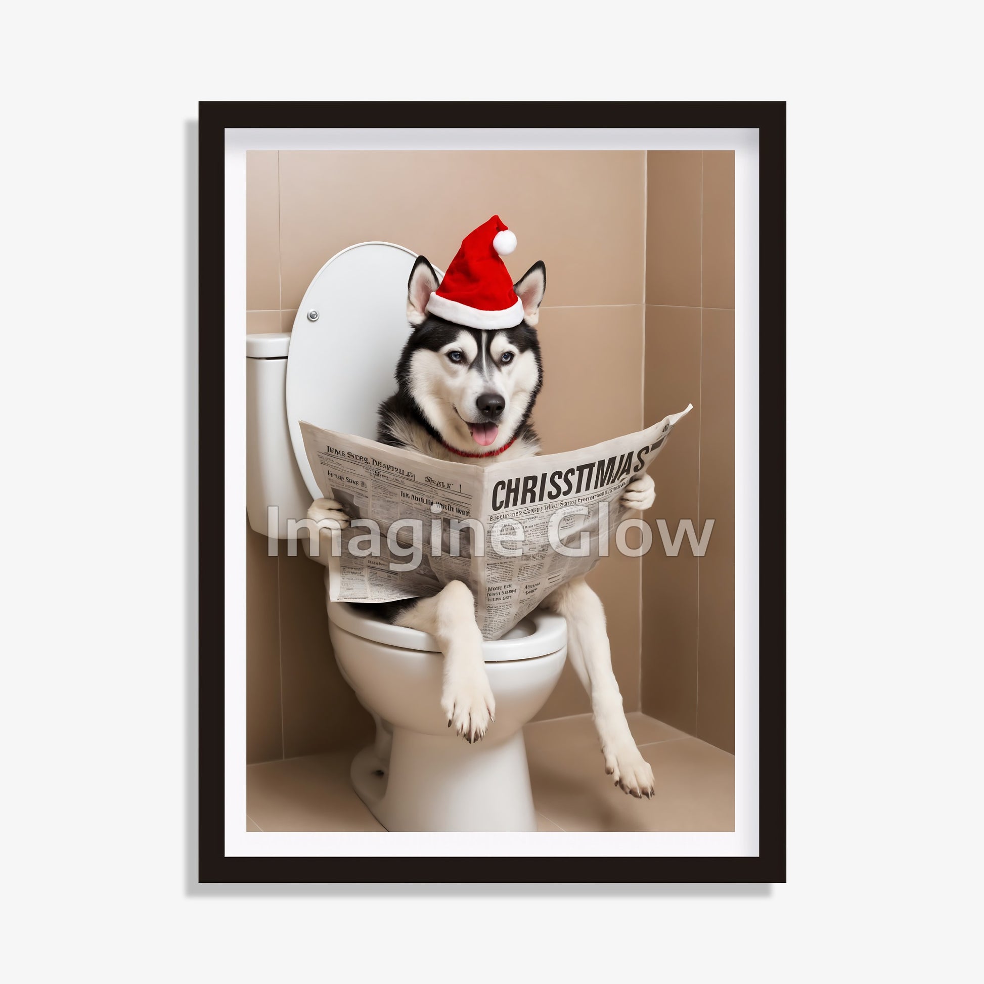 Christmas bathroom printable featuring a Siberian Husky in a toilet.