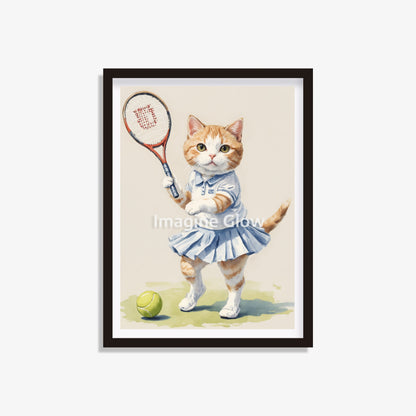 Funny Cat playing tennis art print for playful animal sport decor.