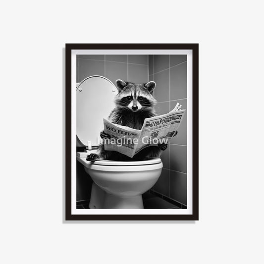 Raccoon in the toilet printable featuring a humorous bathroom scene