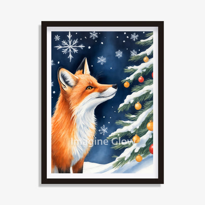 Festive artwork of a fox in a snowy winter scene, perfect for Christmas animal decor.