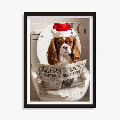 Christmas bathroom printable with a Cavalier King Charles Spaniel in a toilet.