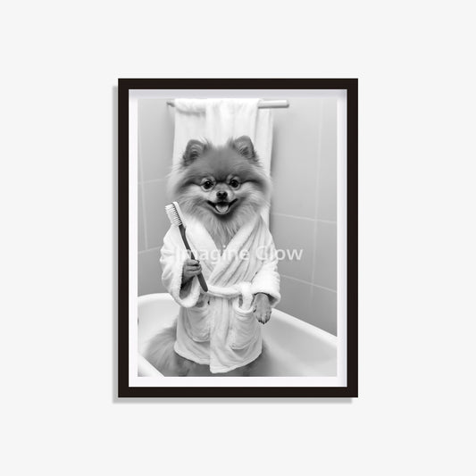 Adorable Pomeranian in bathrobe illustration, perfect for home decor