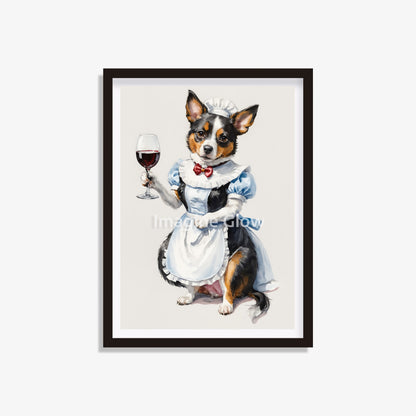 Humorous illustration of a dog posing with wine