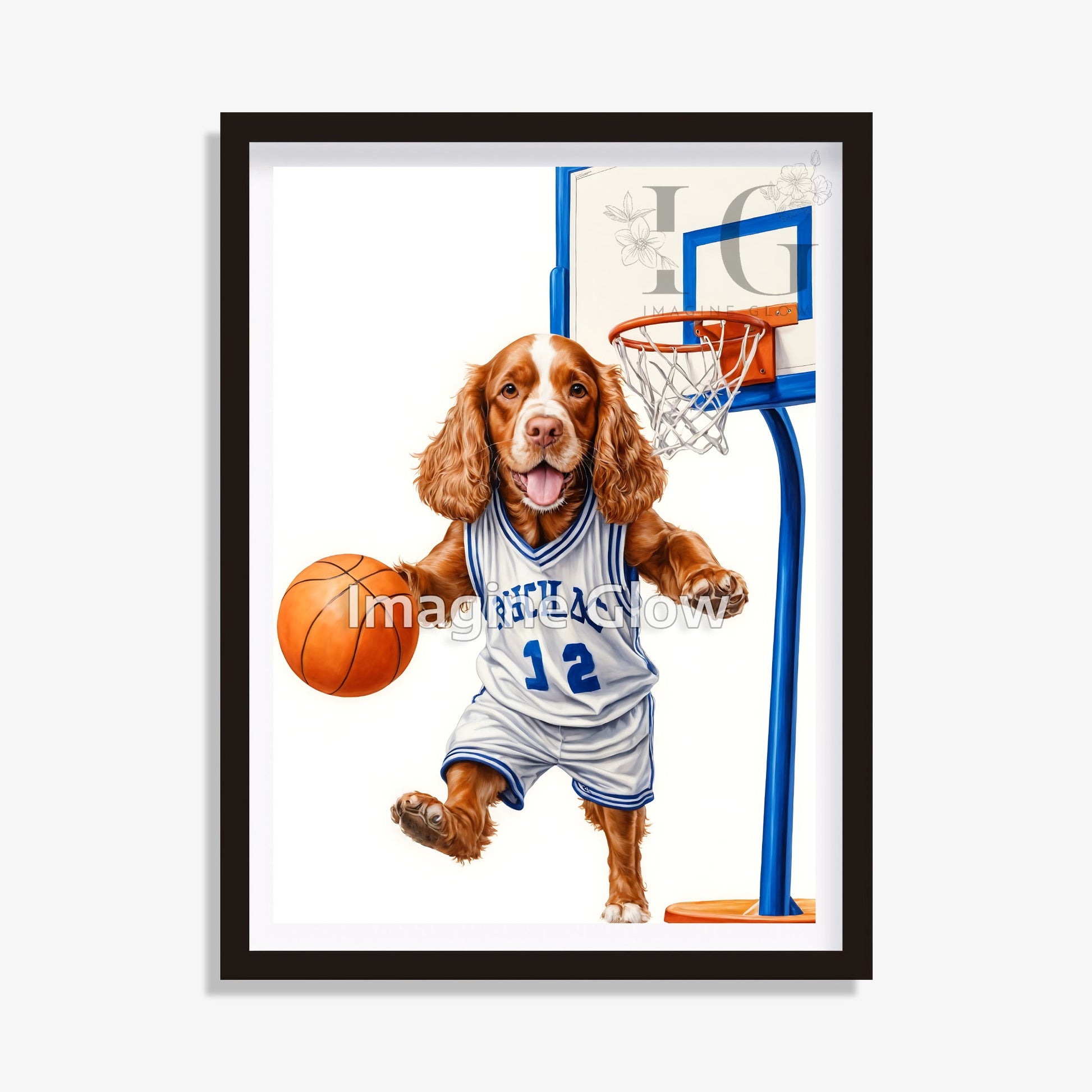 Printable art featuring a Cocker Spaniel playing basketball