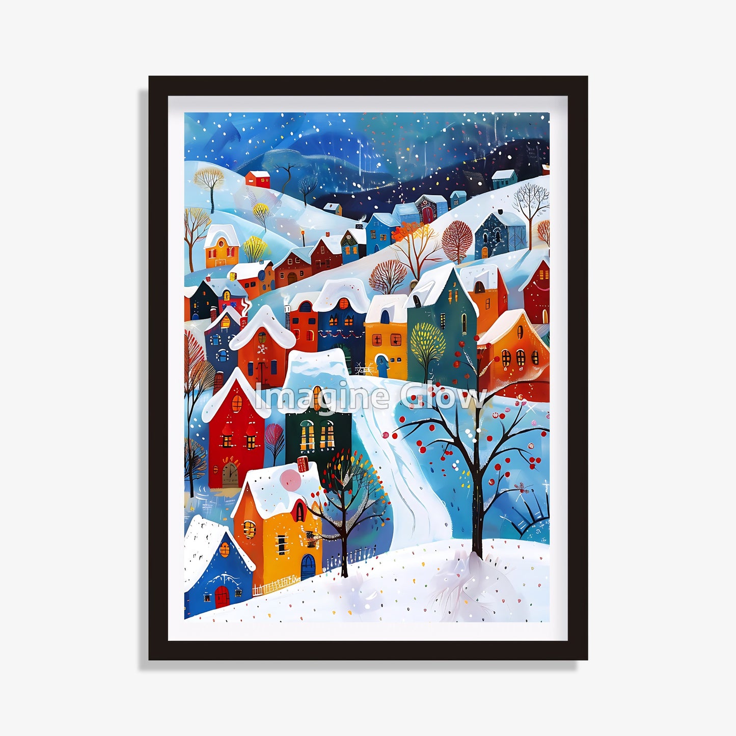 Colorful village art printable featuring a winter scene with snow-covered houses