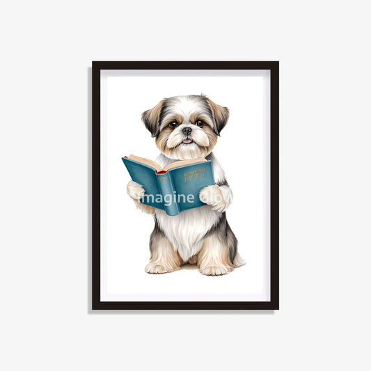 Funny Shih Tzu reading art print for playful decor