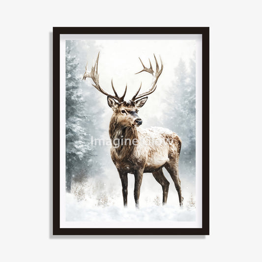 Snowy forest scene with reindeer for holiday home decoration