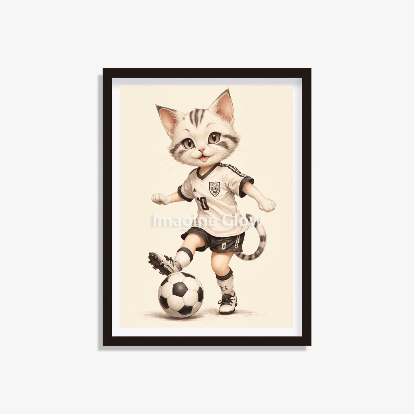 Funny Cat playing soccer art print for amusing animal sport decor.