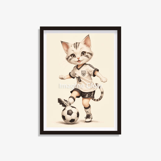 Funny Cat playing soccer art print for amusing animal sport decor.