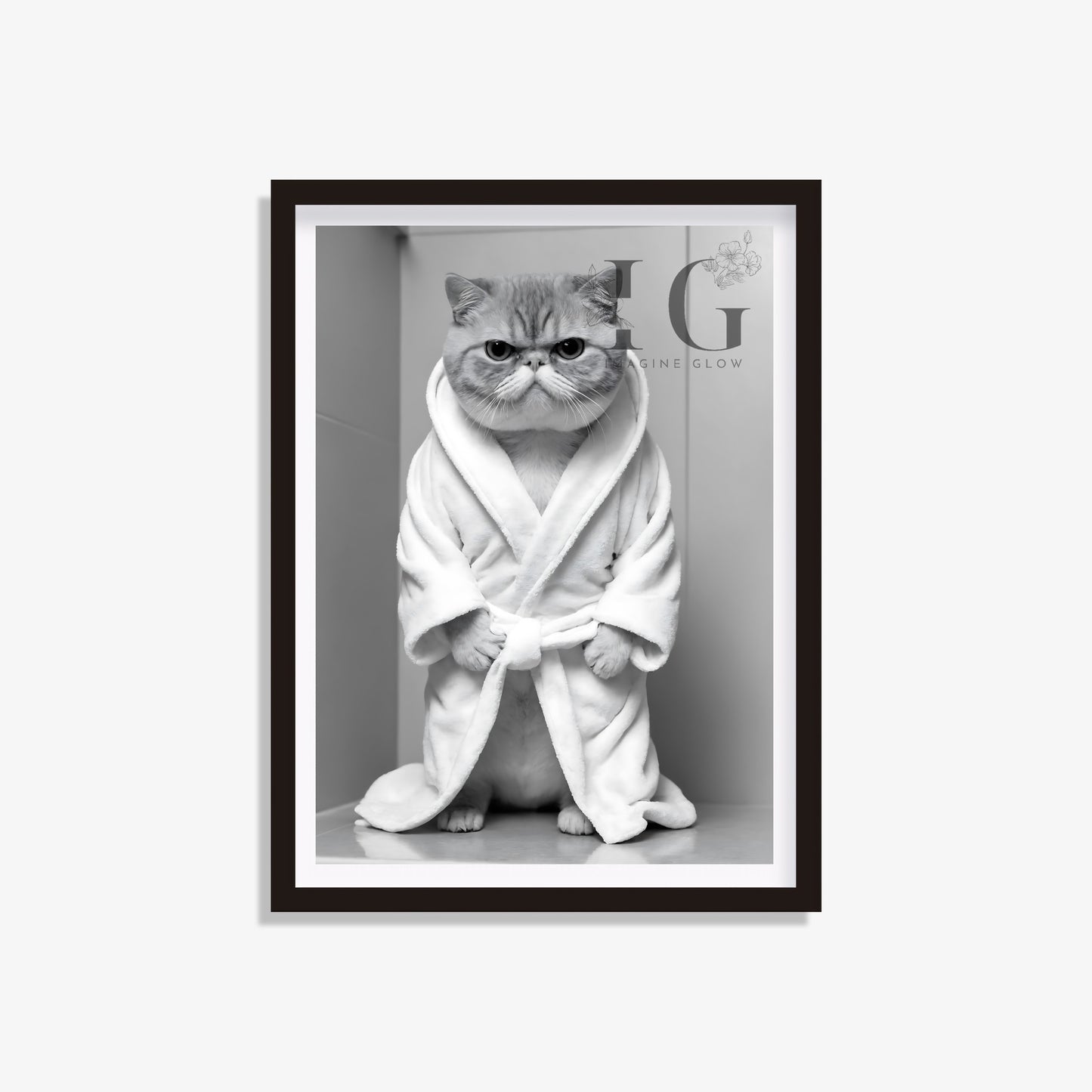 Exotic Shorthair cat in a bathrobe, funny bathroom wall art