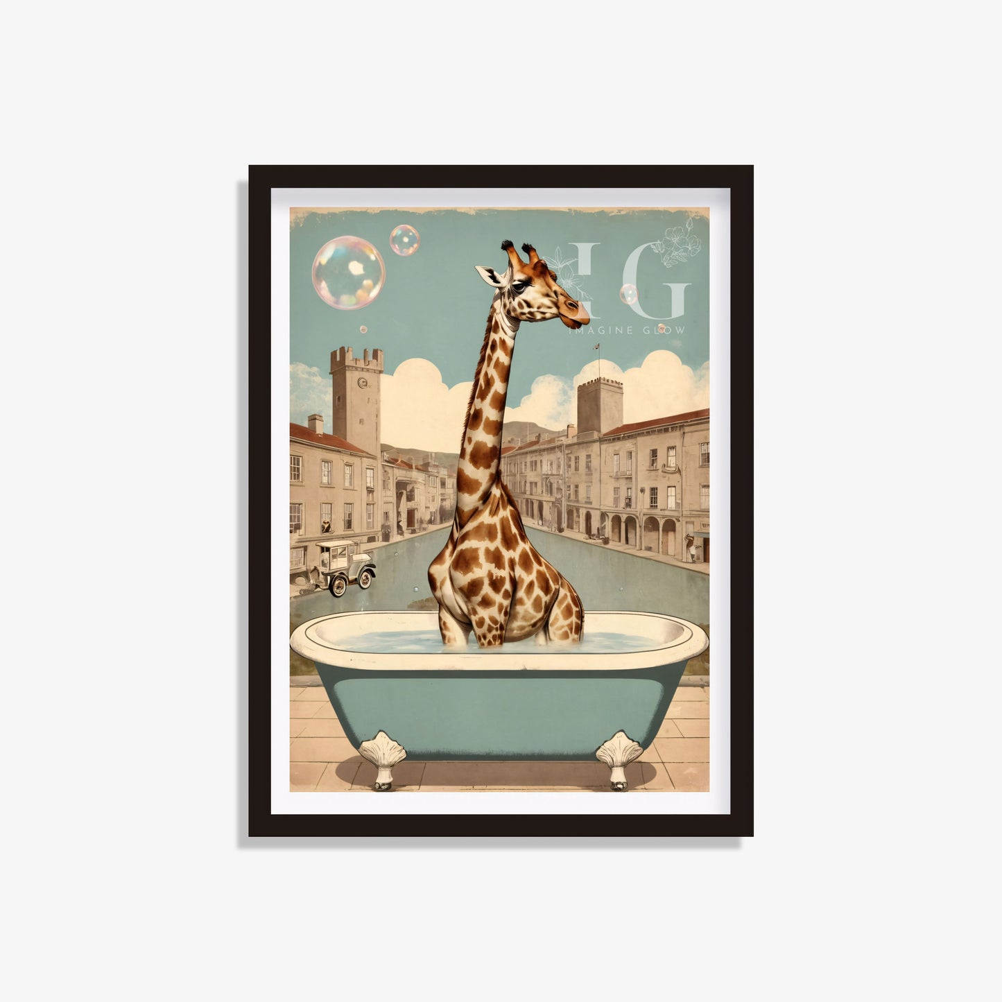 Giraffe in the bathtub printable featuring a humorous design