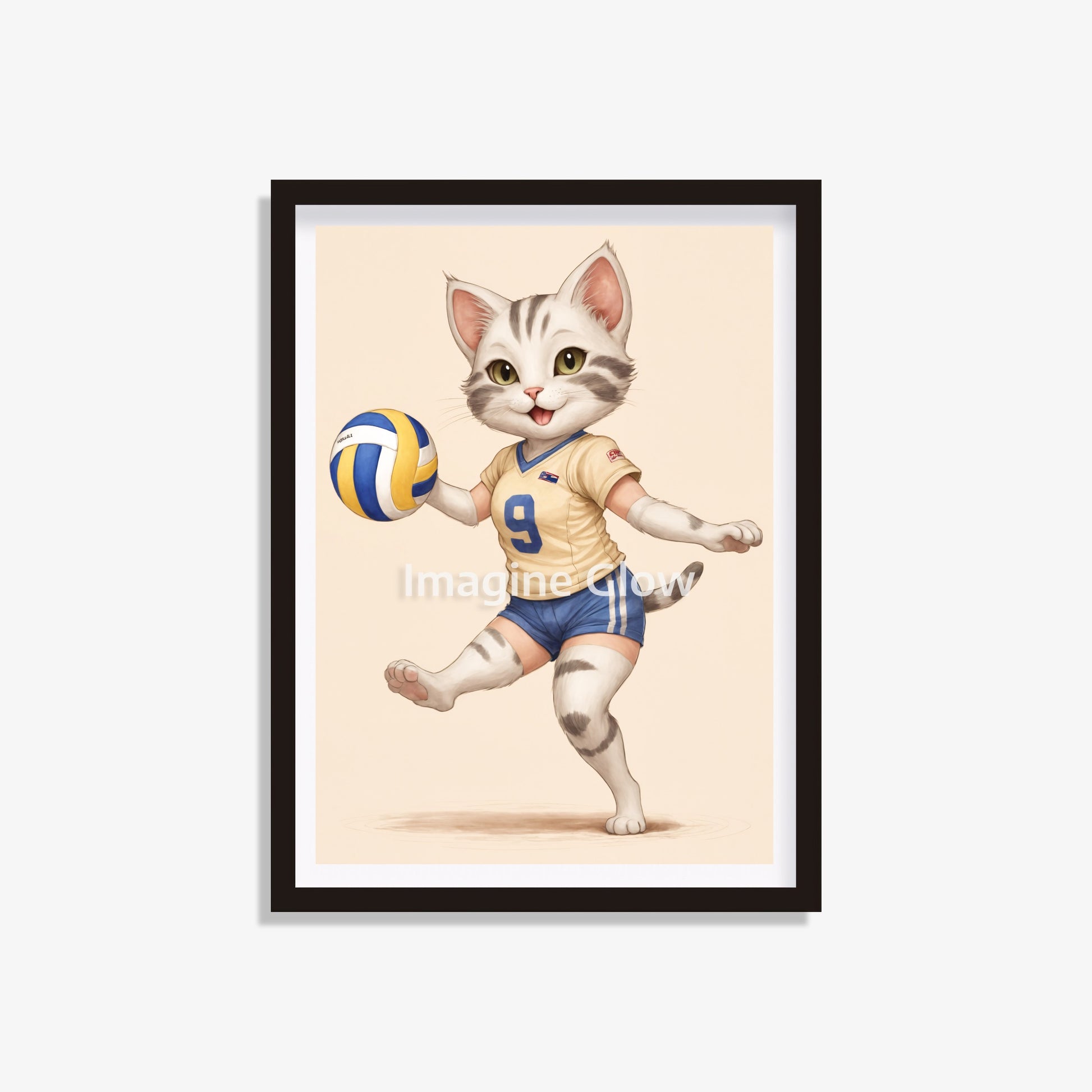 Funny Cat playing volleyball art print for whimsical animal sport decor.