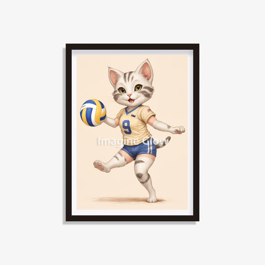 Funny Cat playing volleyball art print for whimsical animal sport decor.