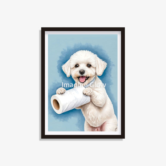 Printable funny bathroom wall decor featuring a Bichon Frise dog in the toilet.