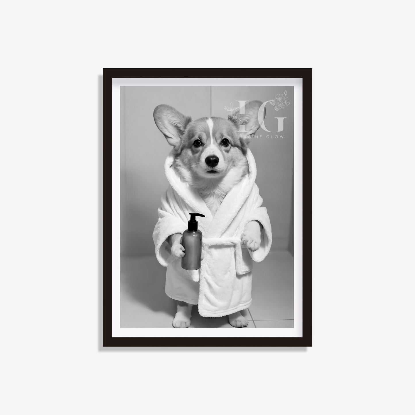 Welsh Corgi wearing a bathrobe, bathroom wall art print