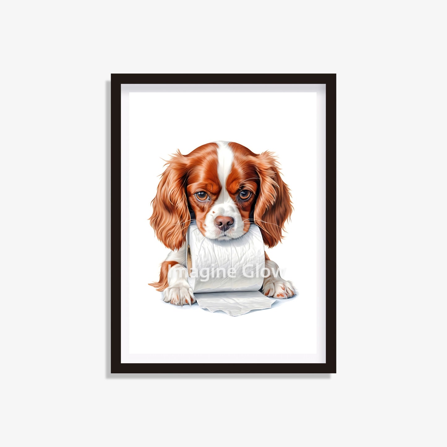 Cavalier King Charles Spaniel sitting in a toilet, designed as bathroom printable art.