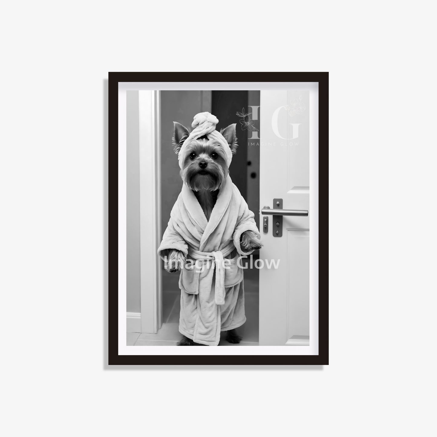 Yorkshire Terrier in a bathrobe, cute bathroom wall art