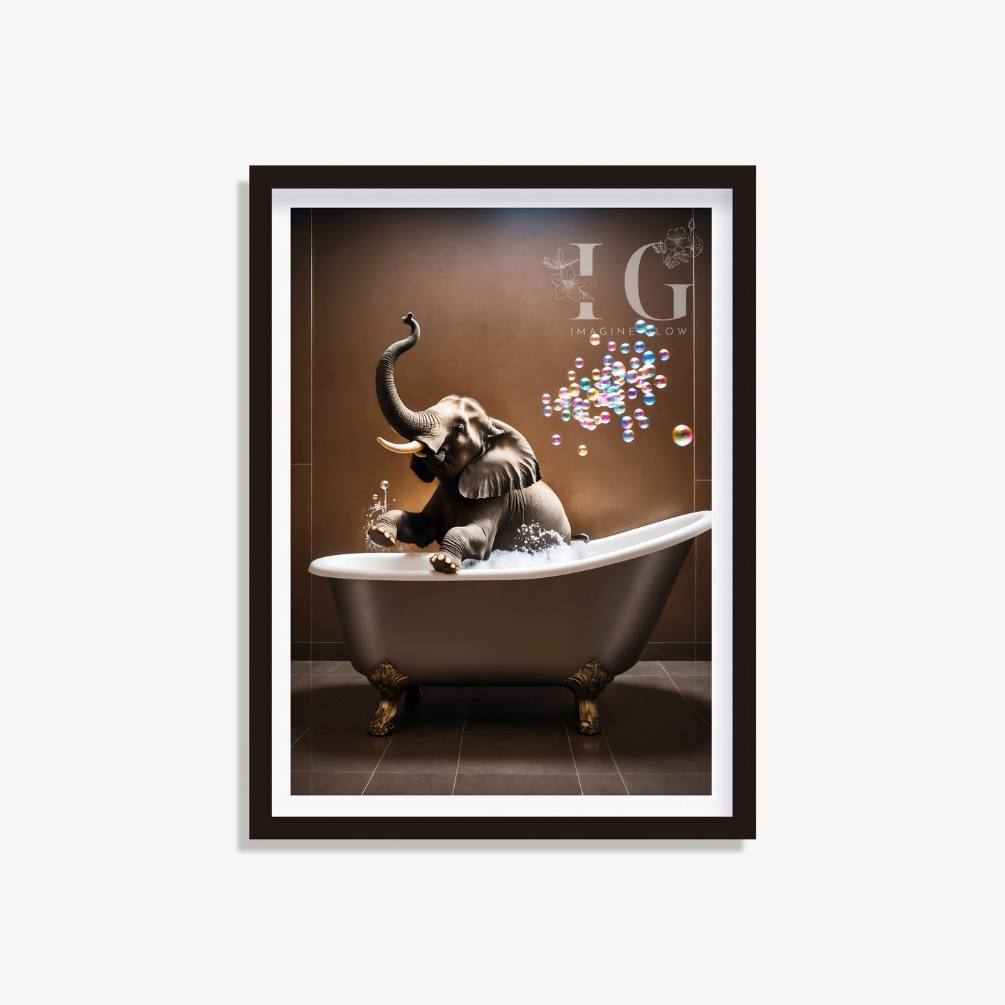 Cute elephant in bathtub printable for whimsical bathroom decor