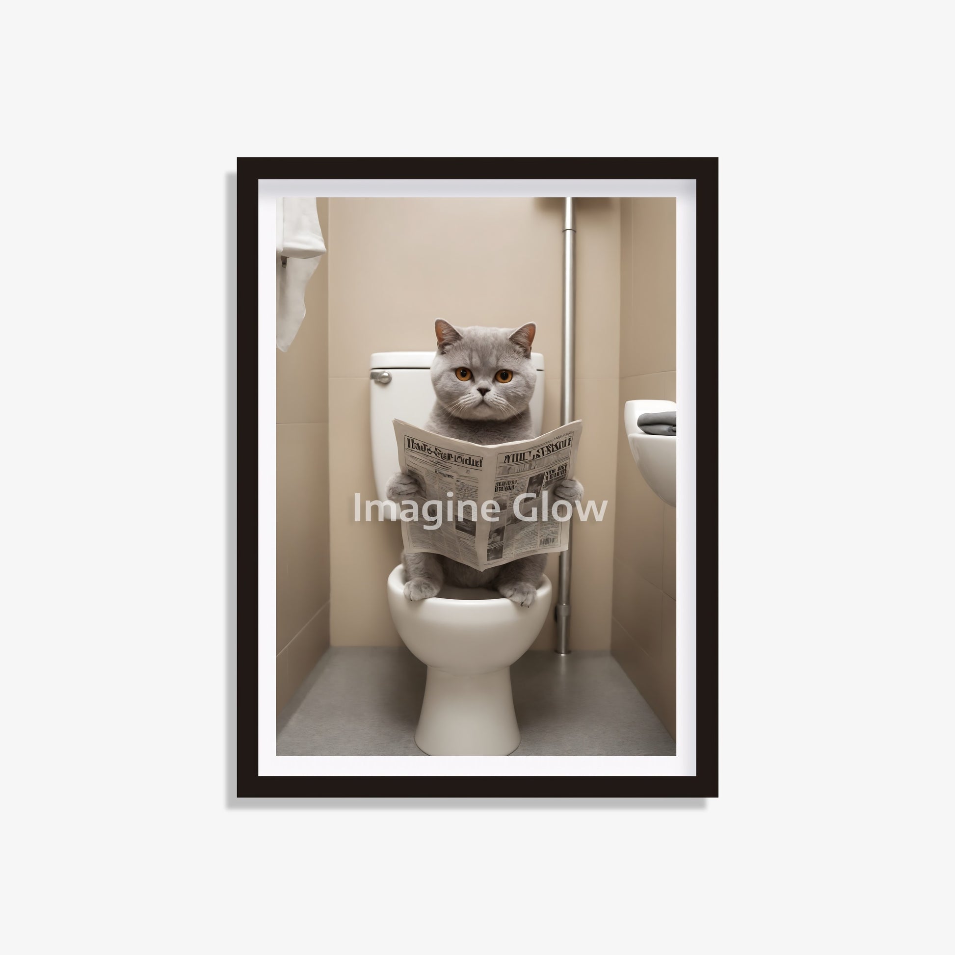 Charming bathroom wall art with a British Shorthair cat in a playful setting.