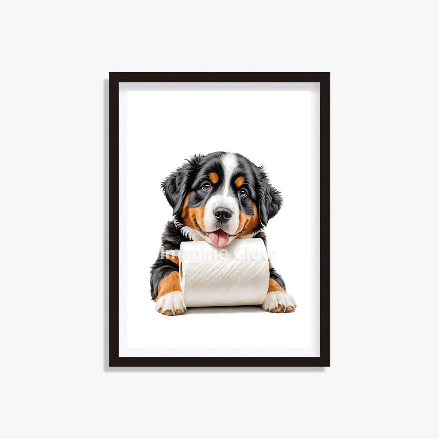 Printable bathroom wall art featuring a Bernese Mountain Dog in a toilet.