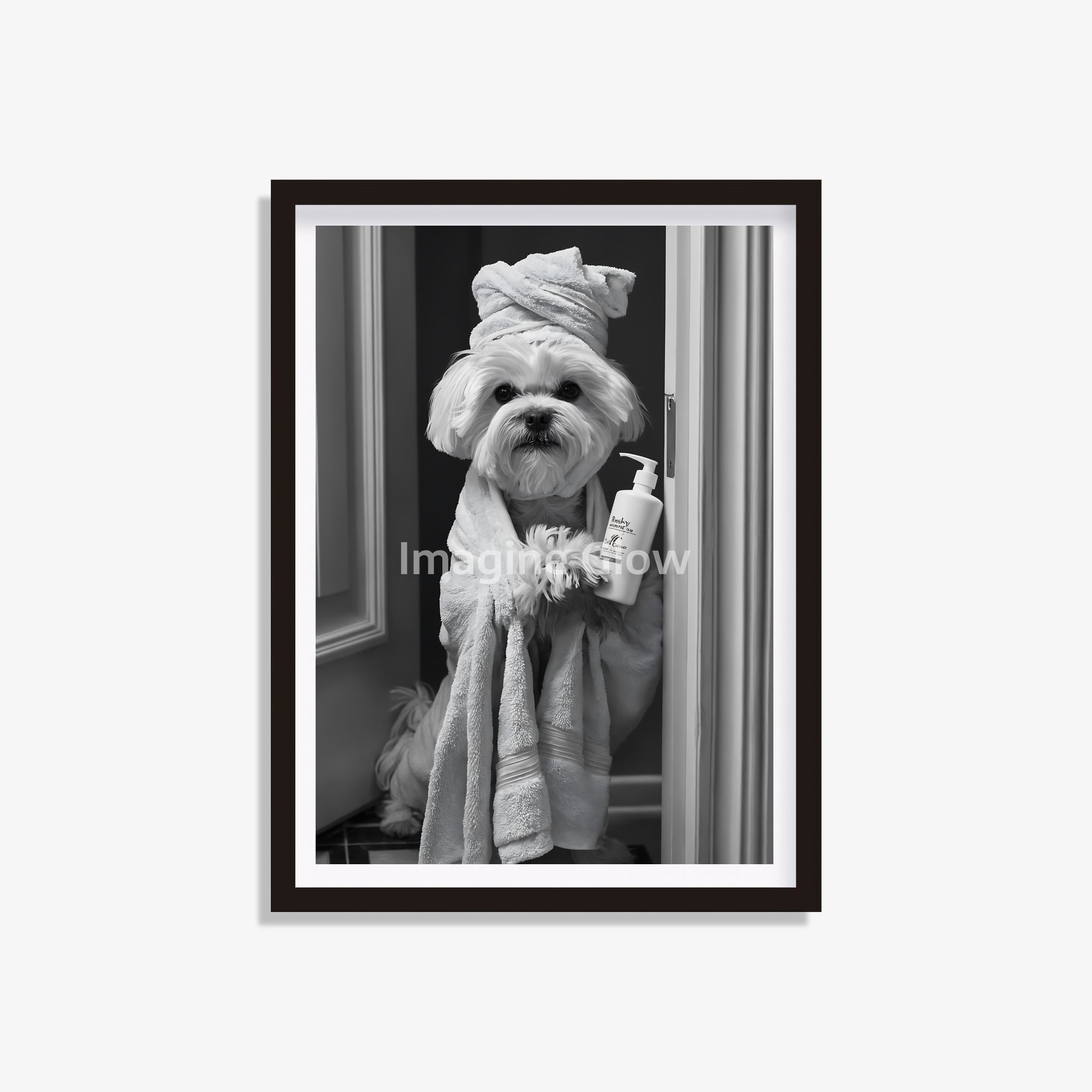 Cute Maltese dog wrapped in bathrobe for cozy bathroom decoration