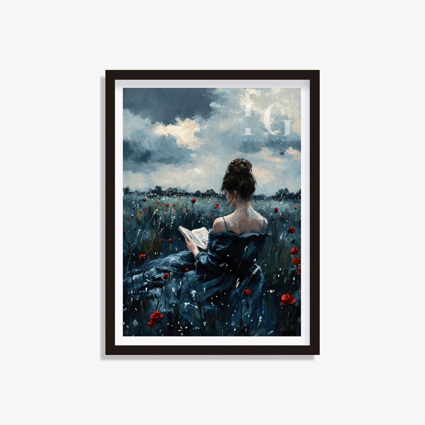 Moody wall art of a girl enjoying a book in a vibrant flower field