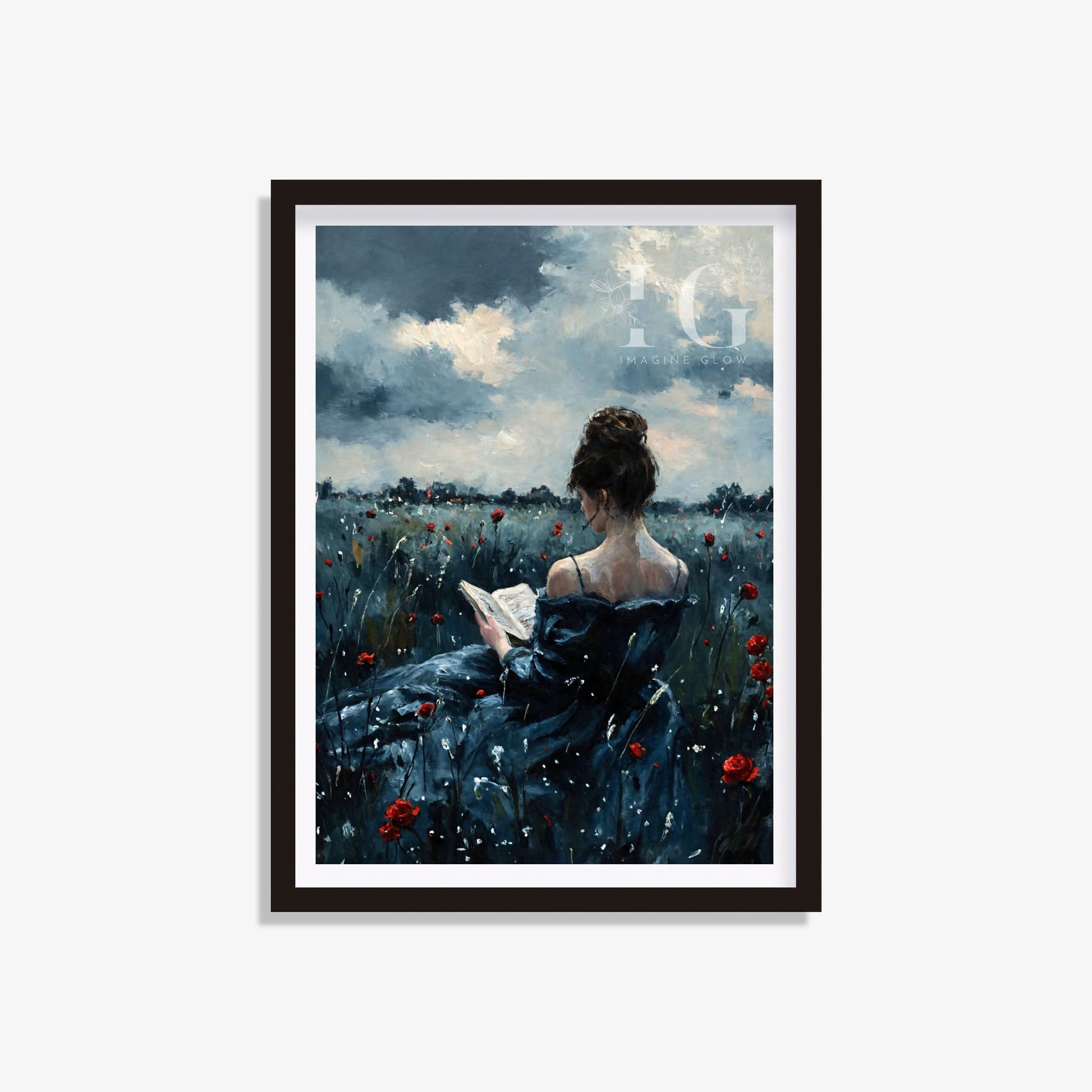 Moody wall art of a girl enjoying a book in a vibrant flower field