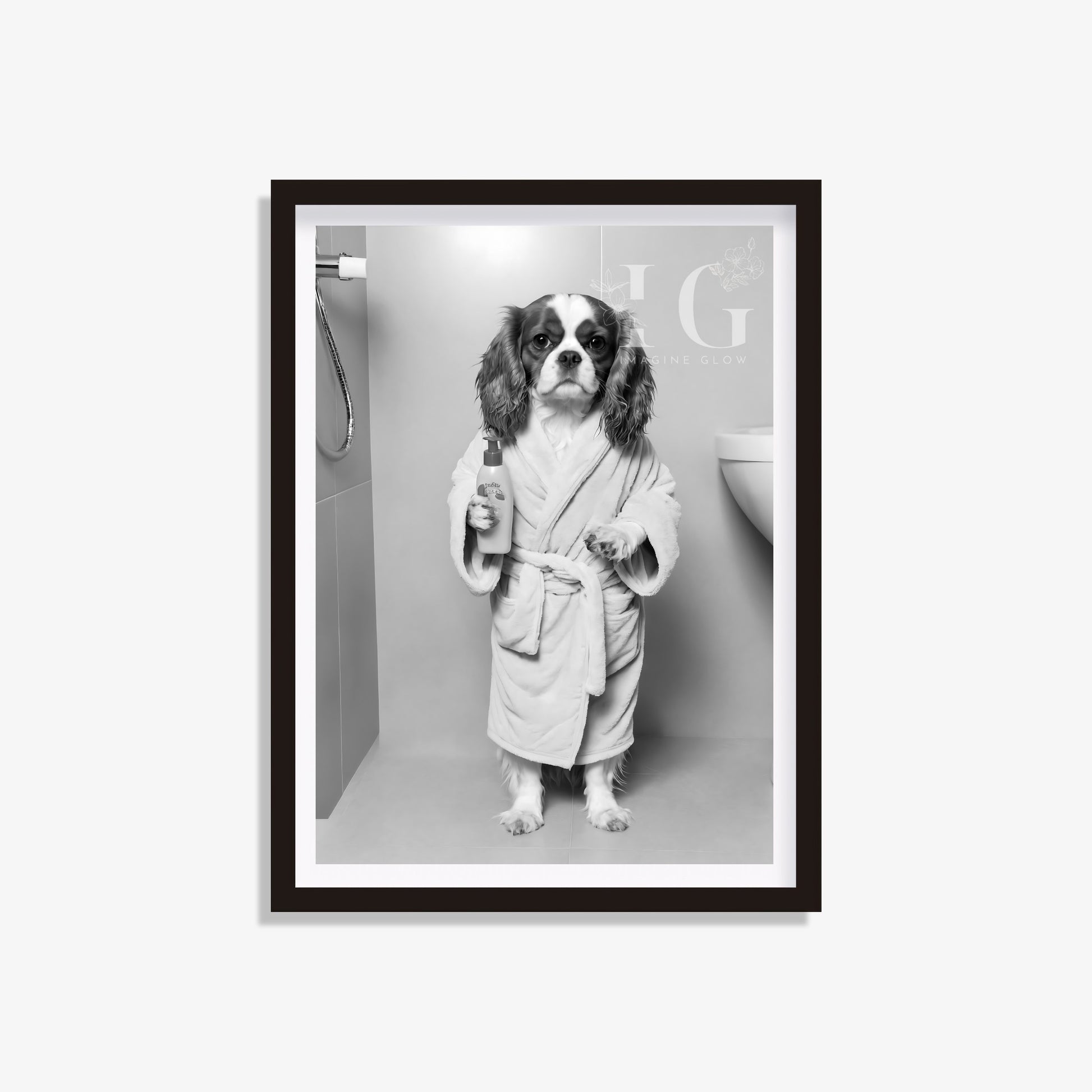 Cavalier King Charles Spaniel in a bathrobe, featured in printable bathroom wall art.