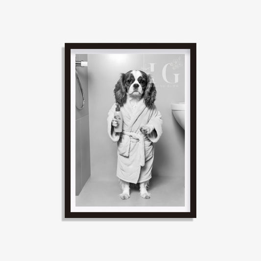 Cavalier King Charles Spaniel in a bathrobe, featured in printable bathroom wall art.